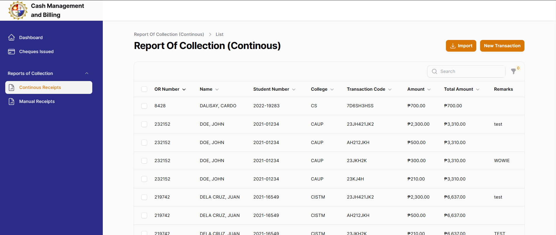 Cash Management and Billing Module